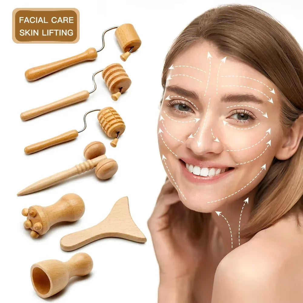 7/2Pcs/Set Face Gua Sha Massagers Tools Wood Therapy Face Roller Massager Maderotherapy Roller Body Anticellulite Facial Roller