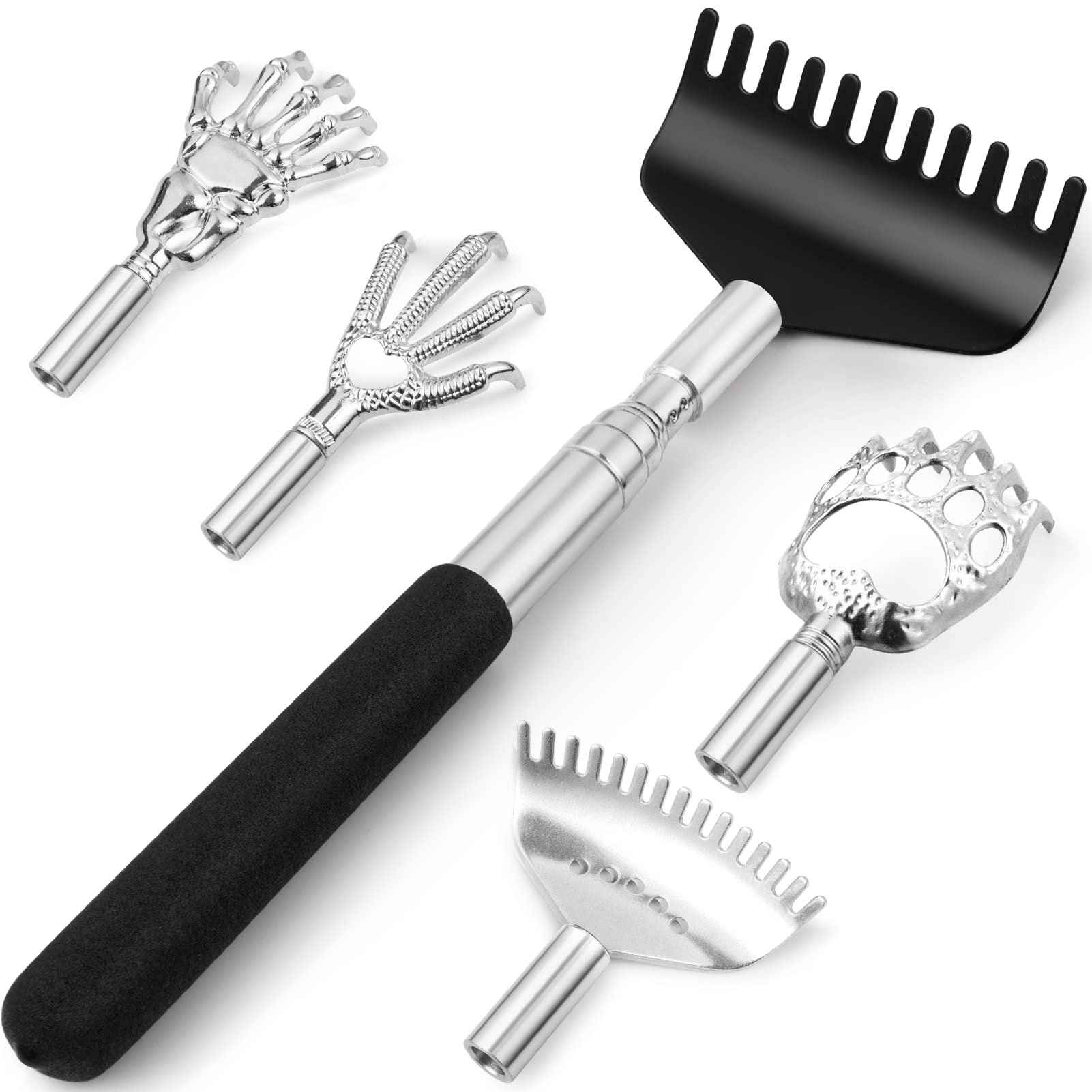 Telescoping Back Scratcher with 5Pcs Detachable Scratching Heads Christmas Gifts Stocking Stuffers for Men Women Portable Extendable BackScratcher for Men Women for Various Scratching Feelings