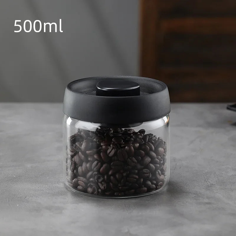 Multi Capacity Black Lid Coffee Pot Manual Vacuum Moisture-proof Storage Pot Kitchen Glass Teapot Coffee Bean Storage Sealed Jar