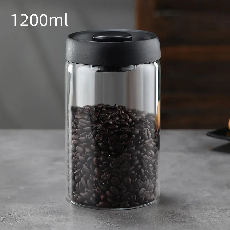 Multi Capacity Black Lid Coffee Pot Manual Vacuum Moisture-proof Storage Pot Kitchen Glass Teapot Coffee Bean Storage Sealed Jar
