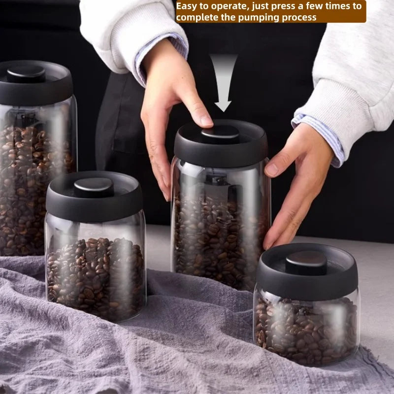 Multi Capacity Black Lid Coffee Pot Manual Vacuum Moisture-proof Storage Pot Kitchen Glass Teapot Coffee Bean Storage Sealed Jar