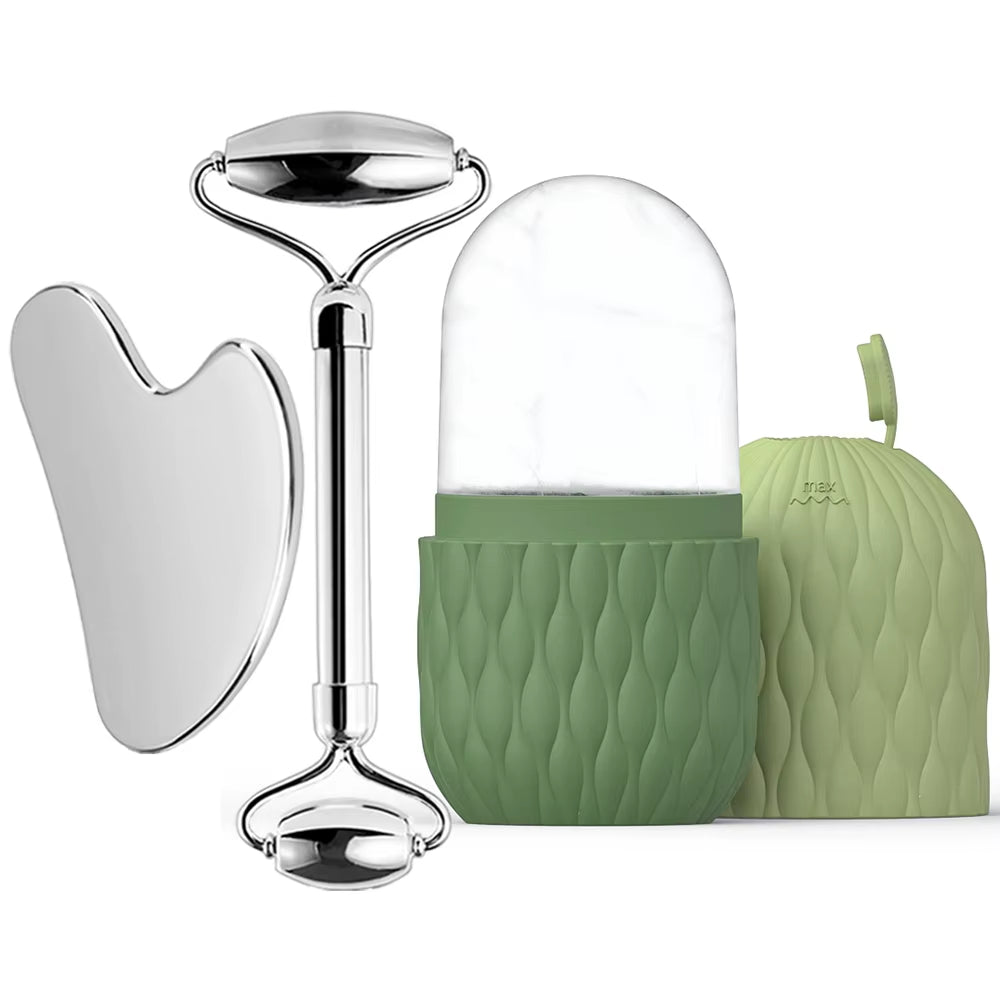 1/3Pcs Ice Face Roller Facial Skincare Ice Roller Stainless Steel Facial Roller Gua Sha Tool Reusable Silicone Ice Facial Roller