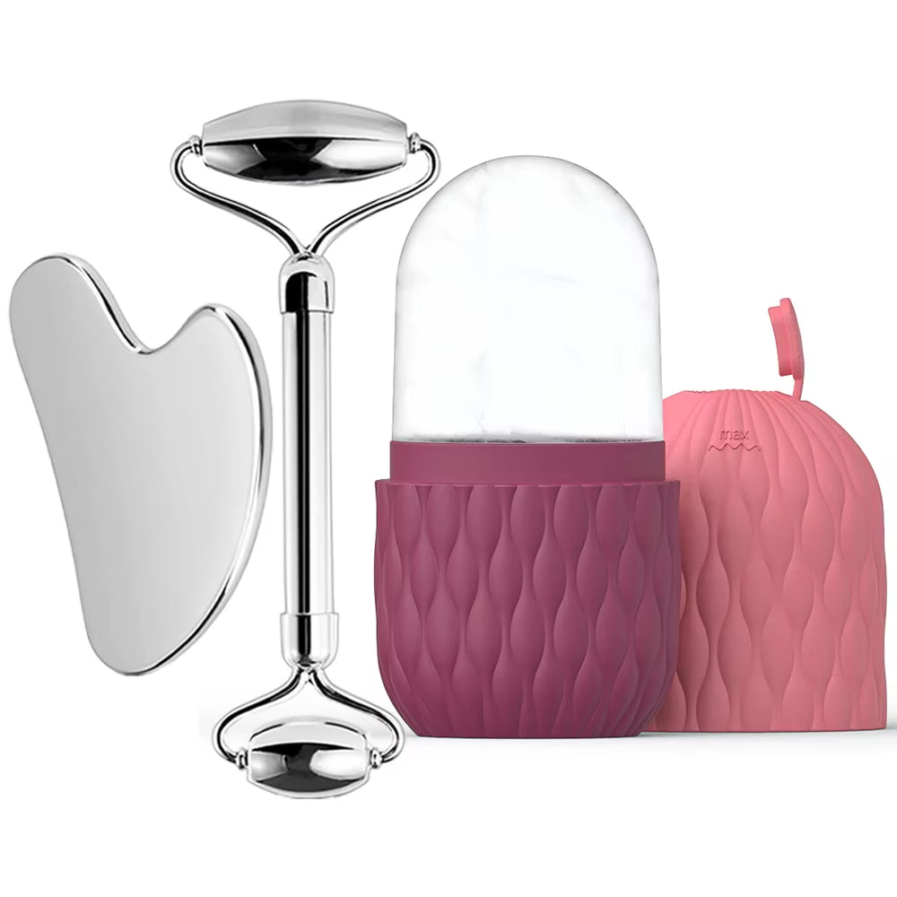 1/3Pcs Ice Face Roller Facial Skincare Ice Roller Stainless Steel Facial Roller Gua Sha Tool Reusable Silicone Ice Facial Roller